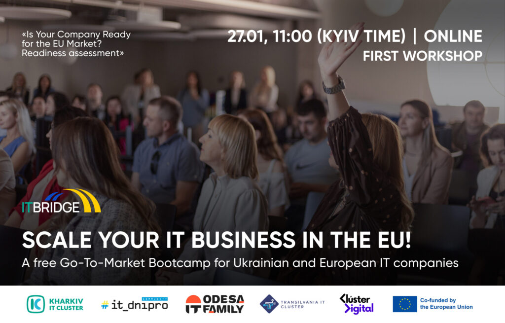 ITBridge Go-To-Market Bootcamp banner with workshop audience and the headline “Scale your IT business in the EU”