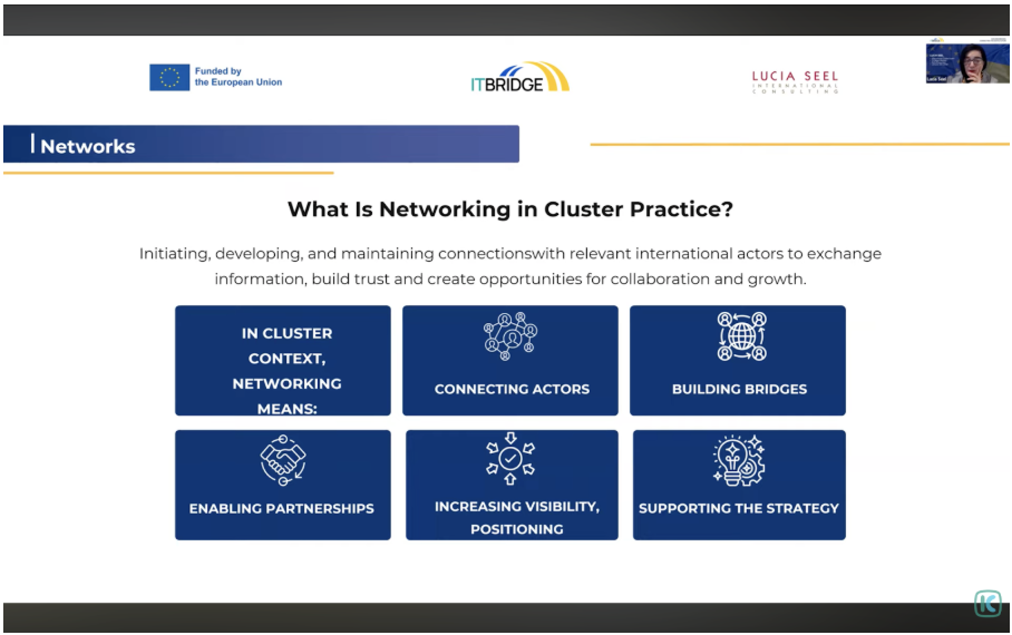 Presentation slide on networking in cluster practice with Lucia Seel, covering partnerships, visibility, connecting actors, and strategy support