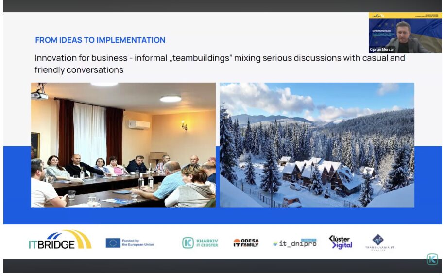 Presentation slide on moving from ideas to implementation with Ciprian Morcan, a team meeting photo, and an example of informal innovation networking