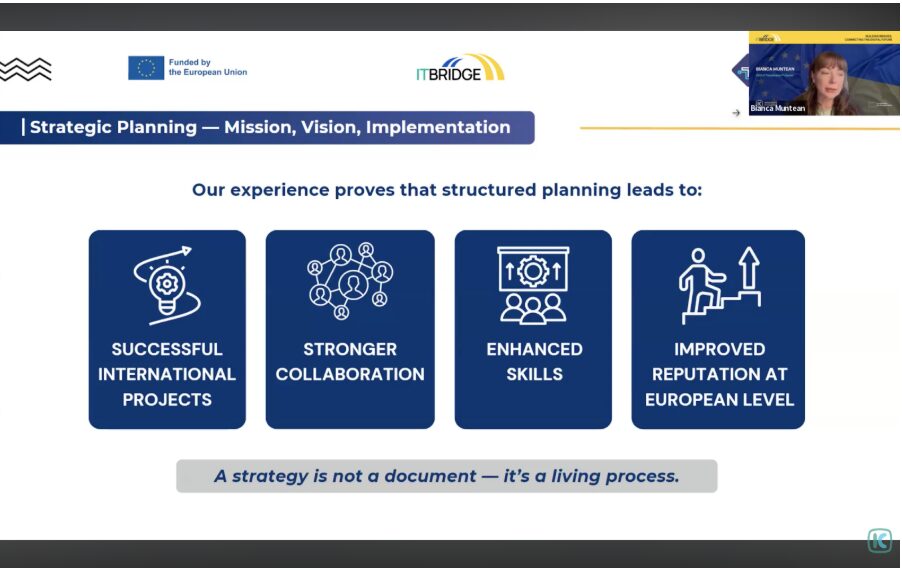 Presentation slide on strategic planning, mission, vision, and implementation with Bianca Muntean and four outcomes for cluster development