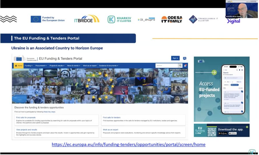 Presentation slide on the EU Funding and Tenders Portal with Antonio Novo, showing Horizon Europe access and EU-funded project opportunities